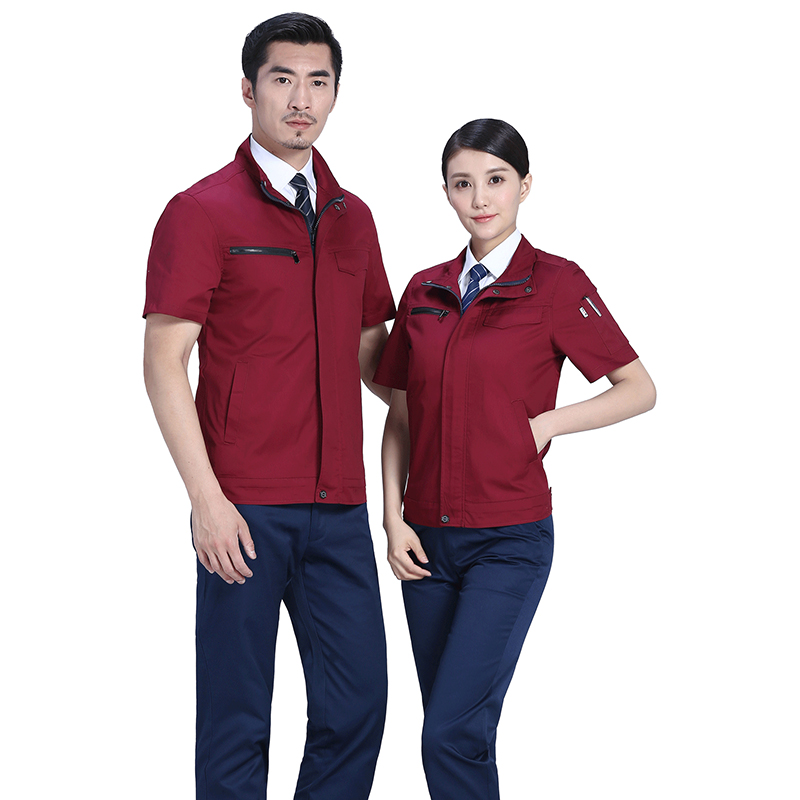 創(chuàng)意拉鏈款夏季滌棉細斜短袖工作服FY28